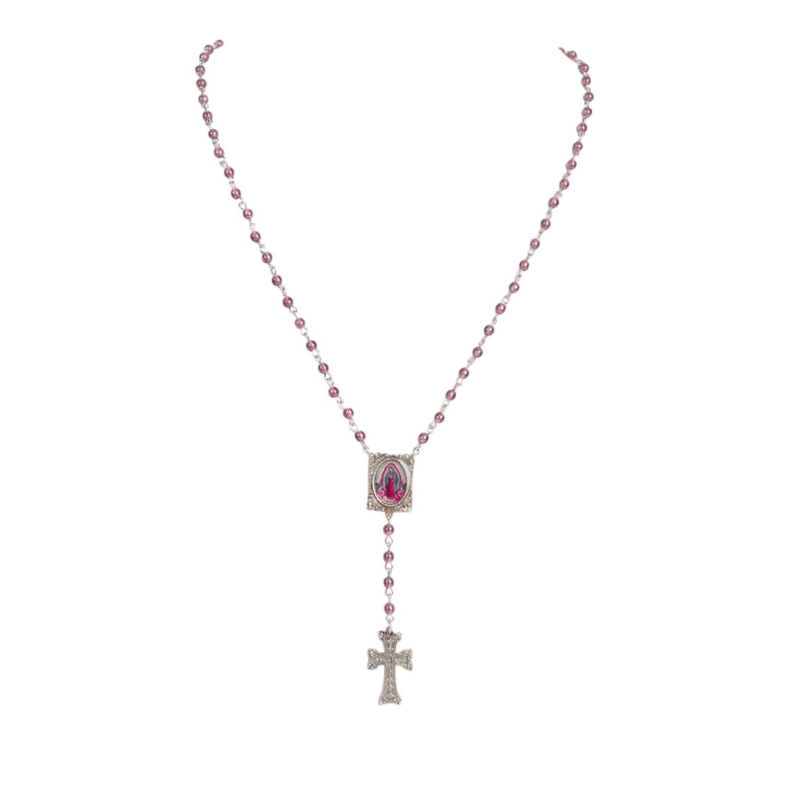 Virgins Saints & Angels Vsa Retablo Guadalupe Rosary Necklace In Silver & Pink